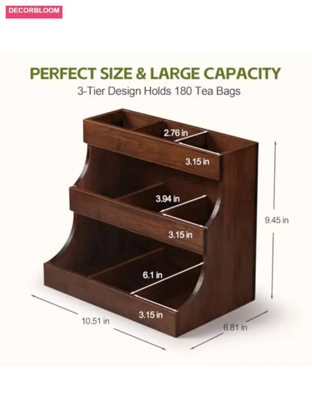 3-Tier Bamboo Tea Bag Organizer, Holds 180 Bags, No Assembly